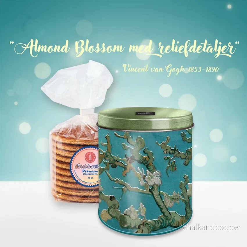 Van Gogh Stroopwafel Plåtburk – Almond Blossom med reliefdetaljer och premium stroopwafels (10 st, ca 350 g totalt) – Exklusivt gåvoset