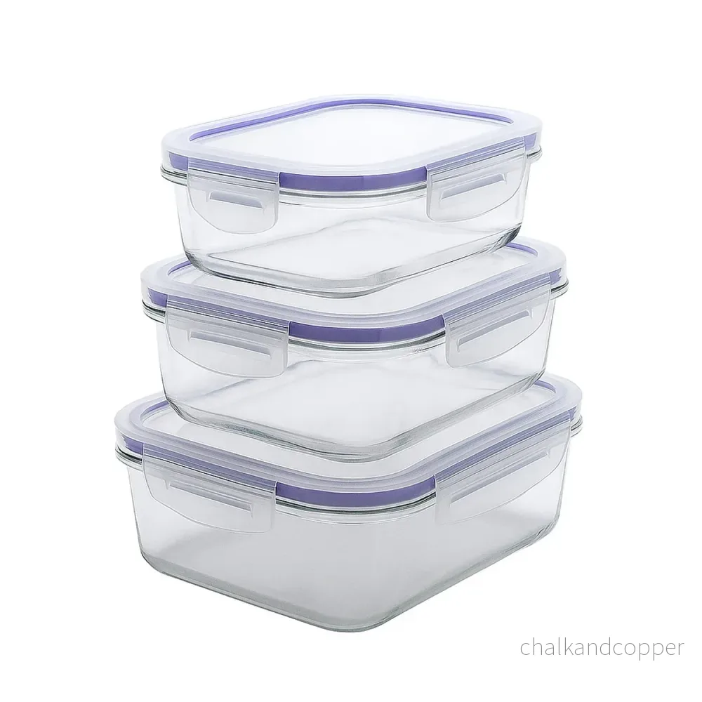 Set med 3 Practic matbehållare, kapacitet 0,6, 1 och 2 l, lock med clips