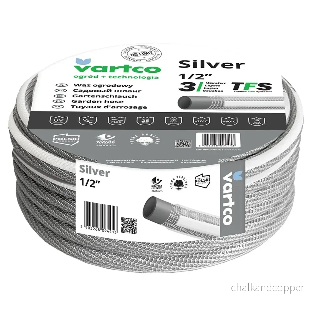 Vartco Silver TFS 3-Lagers Trädgårdsslang Vattenslang Flexibel Antivridslang Trädgårdsbevattning Flexibel Slang UV-Beständig 25 Bar 1/2" 30m