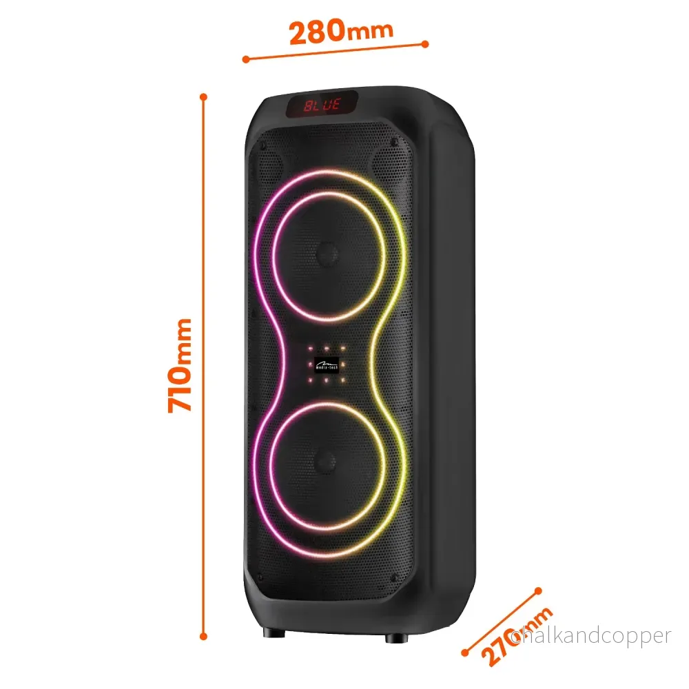 Stor Bluetooth-högtalare, 120 W RMS/1400 W PMPO, två 8-tums högtalare, equalizer, karaokefunktion, MP3/microSD-kort, USB, AUX, BT 5.3+EDR, display, LED, inbyggt batteri, fjärrkontroll, MT3185 - Bild 3