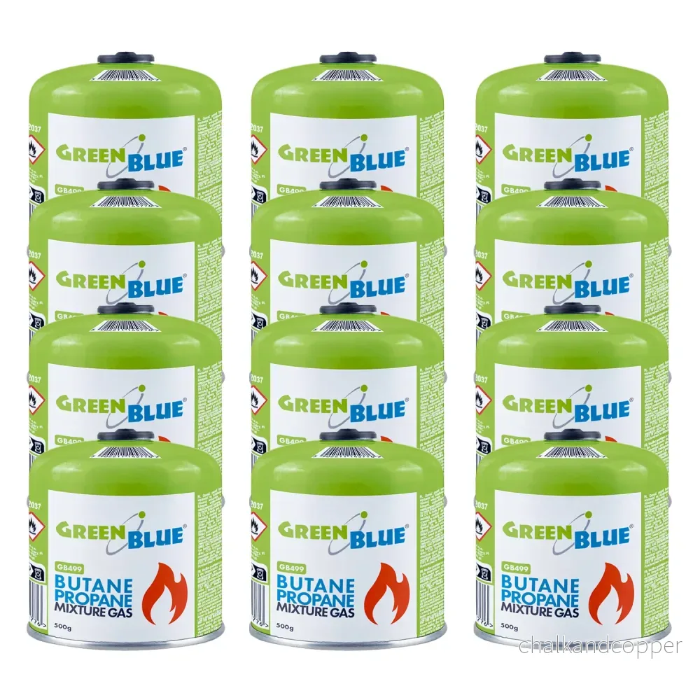 12 gaspatroner à 500 g GreenBlue. Certifikat: Pi 0437, uppfyller EN417, butan-propan, användningstemperatur -10 °C till +40 °C, gängad ventil 7/16'' GB499