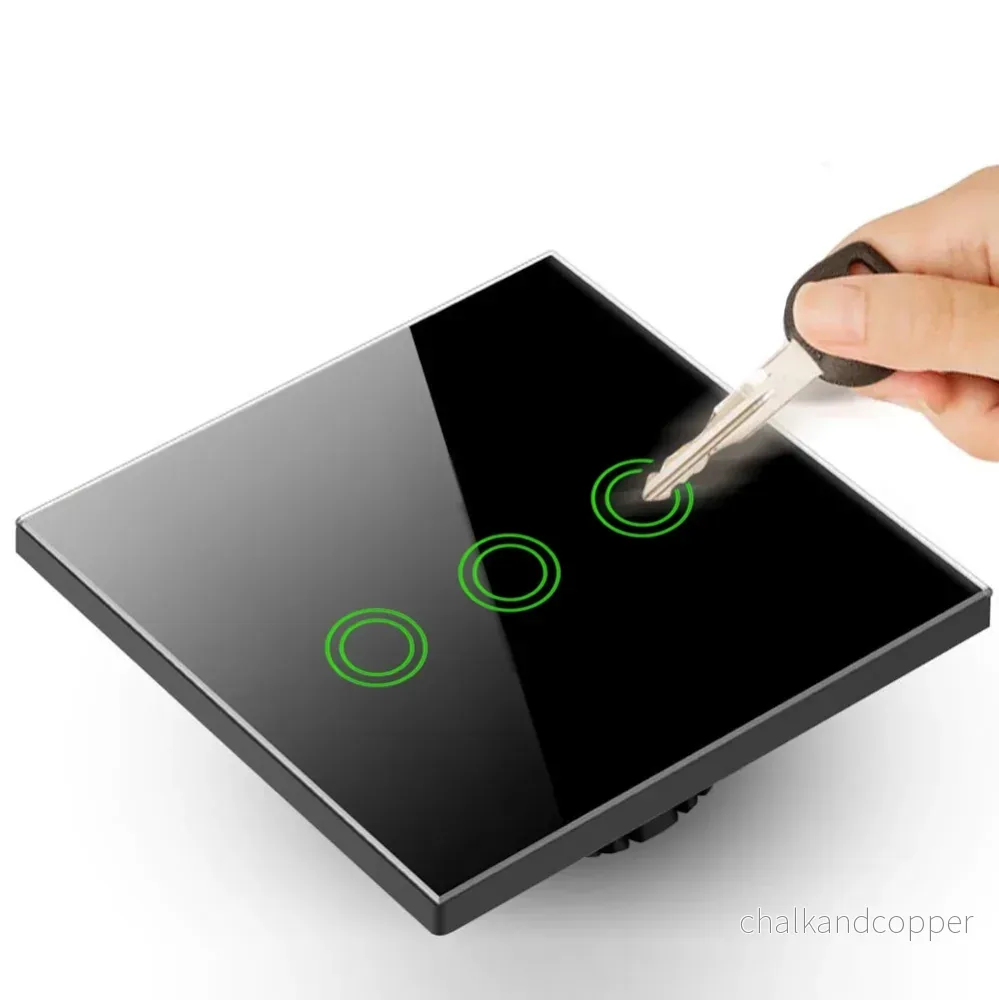 Maclean Energy MCE705B Touch-ljusströmställare, trippel, glas, svart med rund knapp, mått 86x86mm, med knappbelysning - Bild 3
