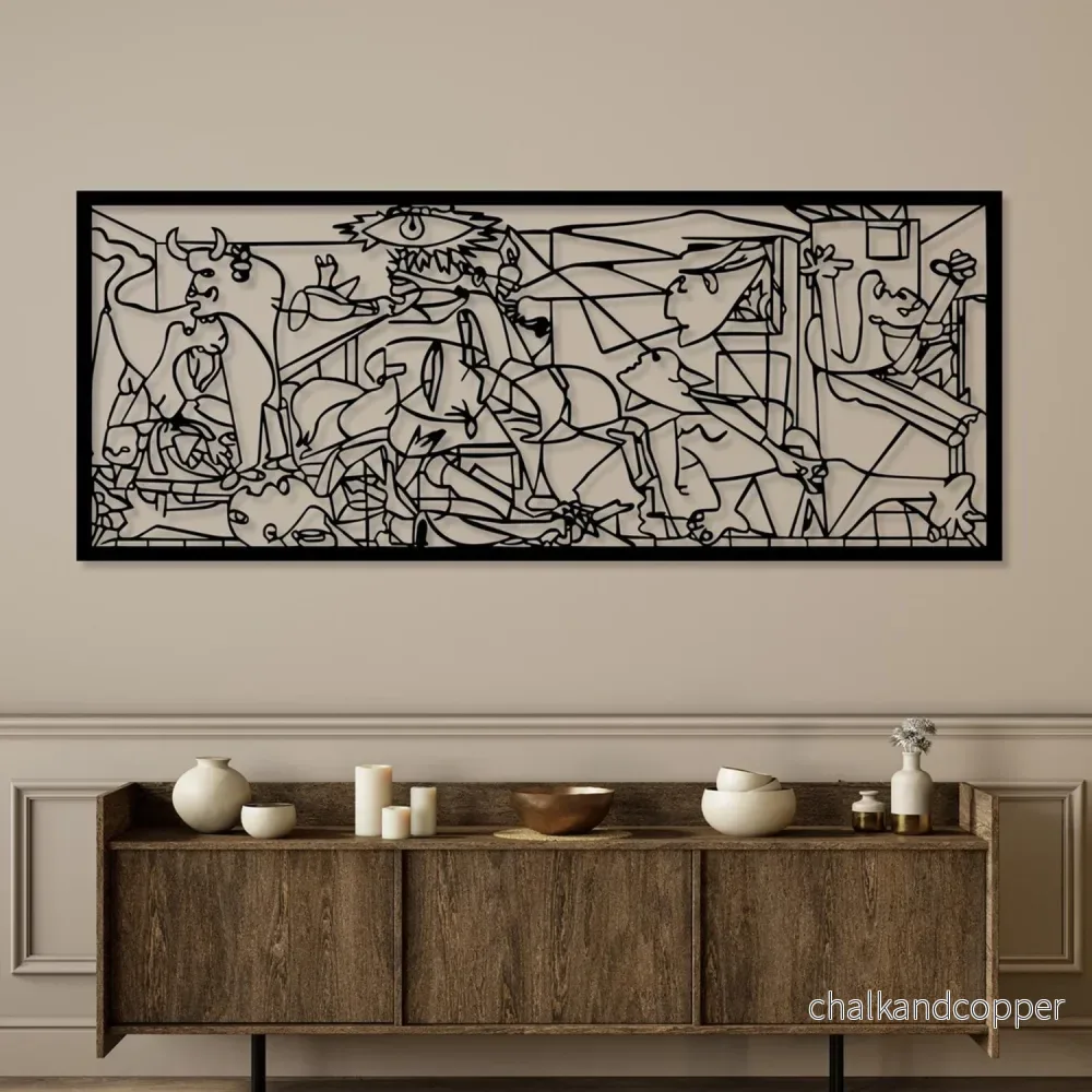 Genombruten målning, 3D-väggdekoration, 3D-målning "Guernica av Pablo Picasso" 100x40cm Svart - Bild 3