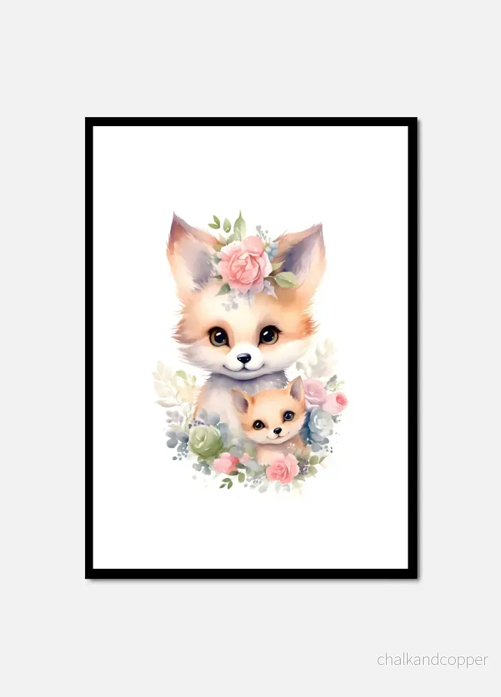 Cute fox with cub