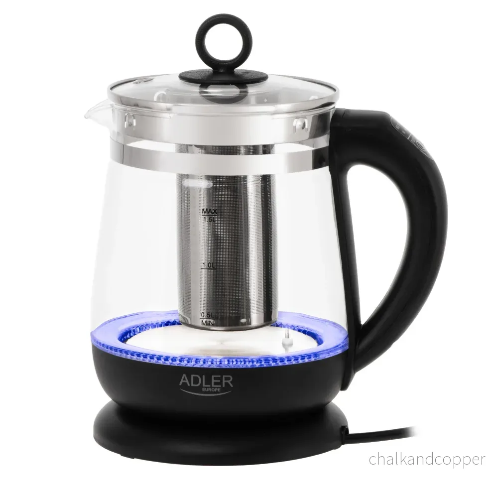 Glasvattenkokare 1,5 l med tefilter och temperaturreglering, 2200 W, LED, 60–100 °C, Adler AD 1299, svart - Bild 2