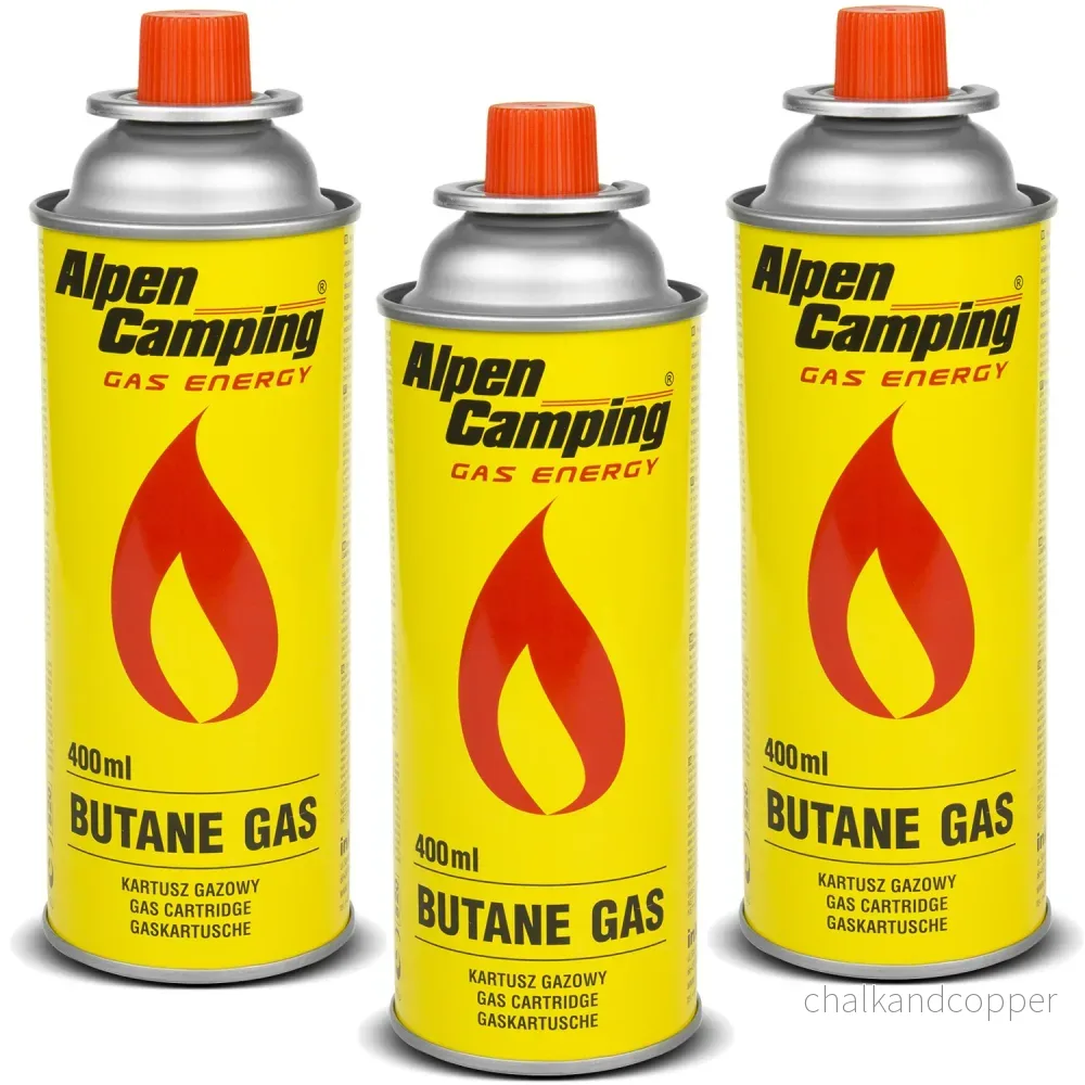 Gaspatron 400ml Alpen Camping. Certifikat: Pi 0875, överensstämmer med EN417, isobutan, driftområde -10°C till + 40°C, IK004, 3 st.