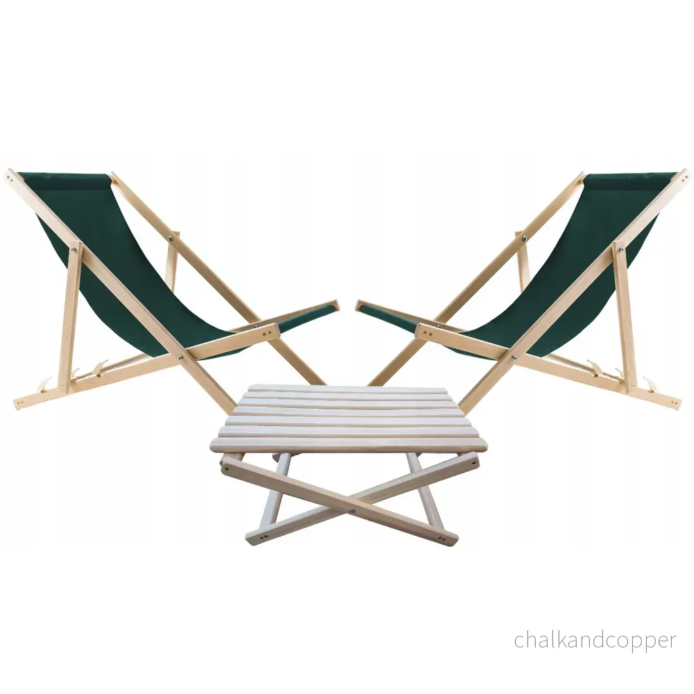 Set med 2 strandstolar, grön + soffbord i trä Woodok