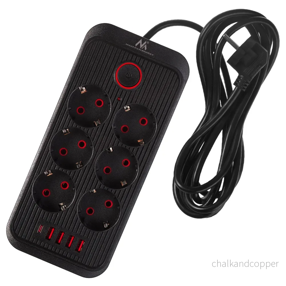 Maclean grenuttag, 6-facks förlängningskabel + 4xUSB, 110-240V AC 50/60Hz, 2.1A max 2500W, 3m, svart, MCE391 B - Bild 2