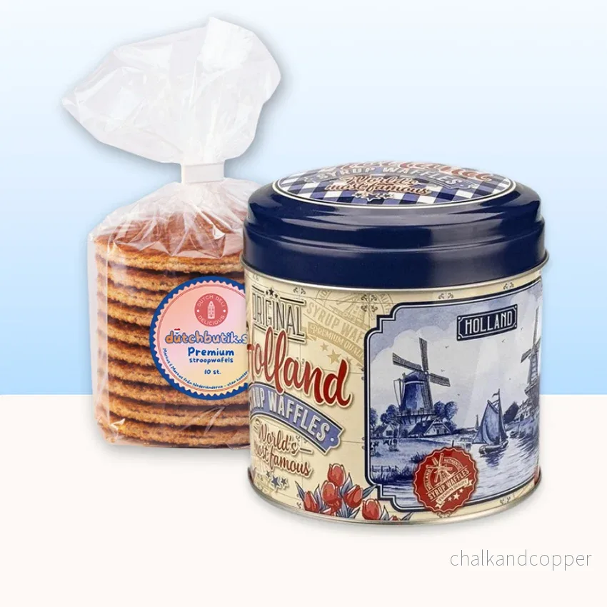 Delfts Blauw retro burk med premium stroopwafels (10 st, ca 350 g totalt) – Exklusivt gåvoset