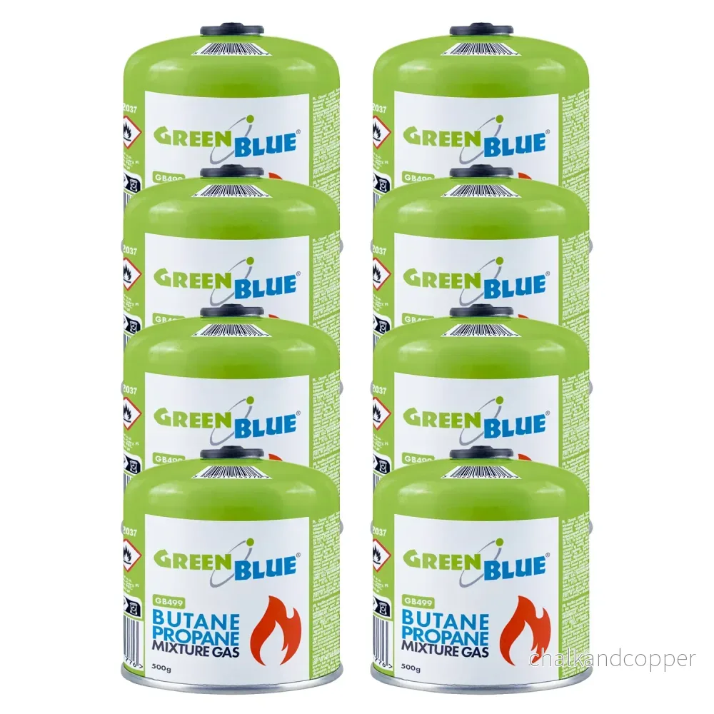8 gaspatroner à 500 g GreenBlue. Certifikat: Pi 0437, uppfyller EN417, butan-propan, användningstemperatur -10 °C till +40 °C, gängad ventil 7/16'' GB499