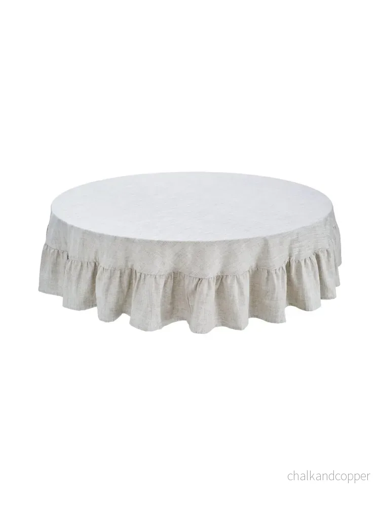 Bordsduk rund med volang linne/beige