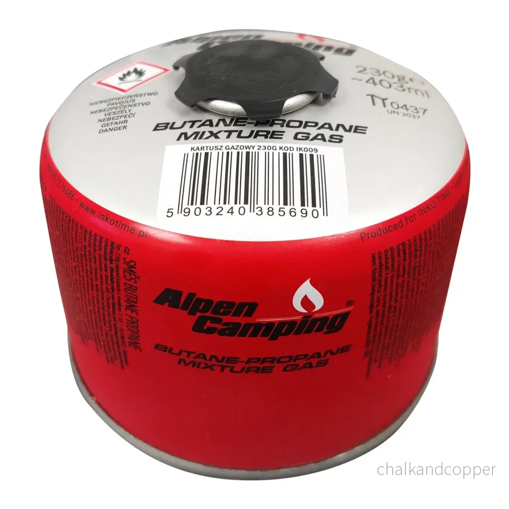 Gaspatron 230g Alpen Camping. Certifikat: Pi 0656, överensstämmer med EN417, propan-butan, intervall -10°C till + 40°C, 7/16" gängad ventil IK009 - Bild 2