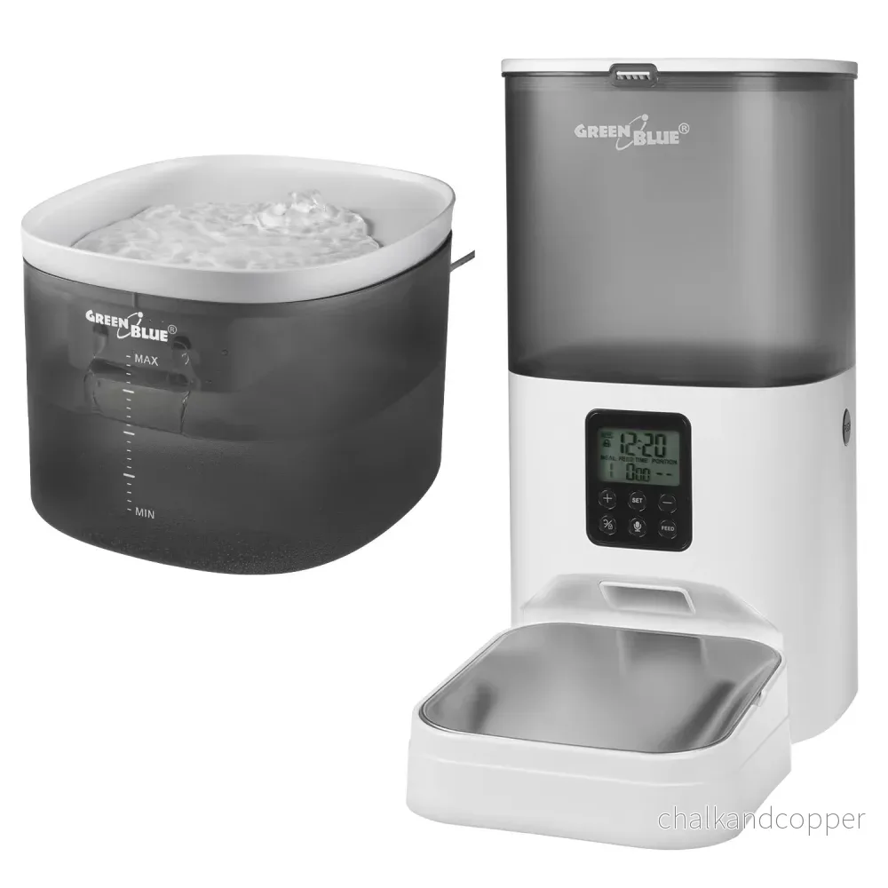 GreenBlue automatisk vattendispenser / drickare för husdjur, 3L, USB 5V1A, GB392 + GreenBlue automatisk matningsautomat / matare för husdjur, 6L, USB 5V1A, GB393