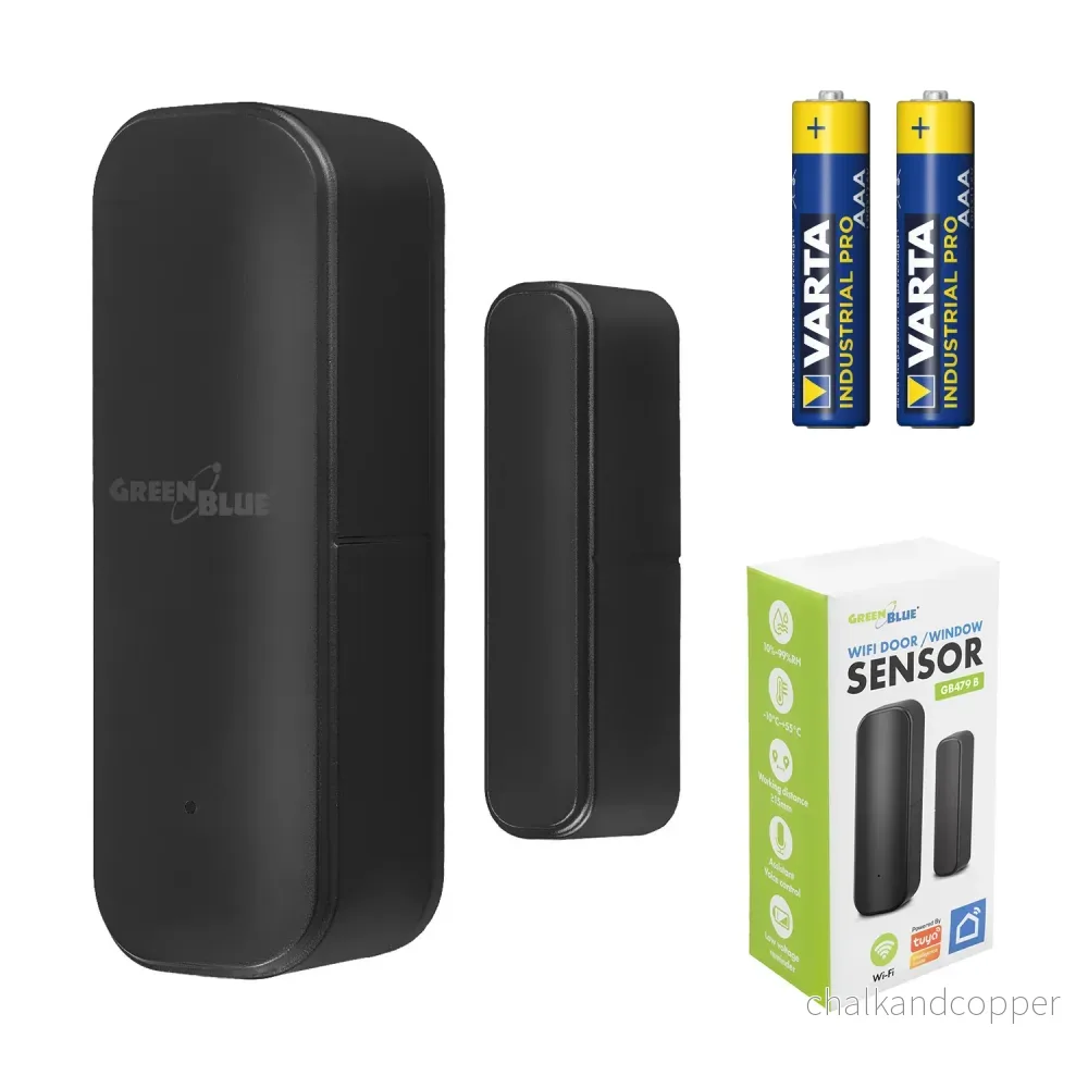 GB479 B Trådlös kontaktor/öppningssensor med WiFi från GreenBlue, Android/iOS, för dörrar/fönster, 3,0 V DC, LR03x2, GB479 B + 2 st R-03 LR03 AAA-alkaliska batterier från Varta Industrial 4003