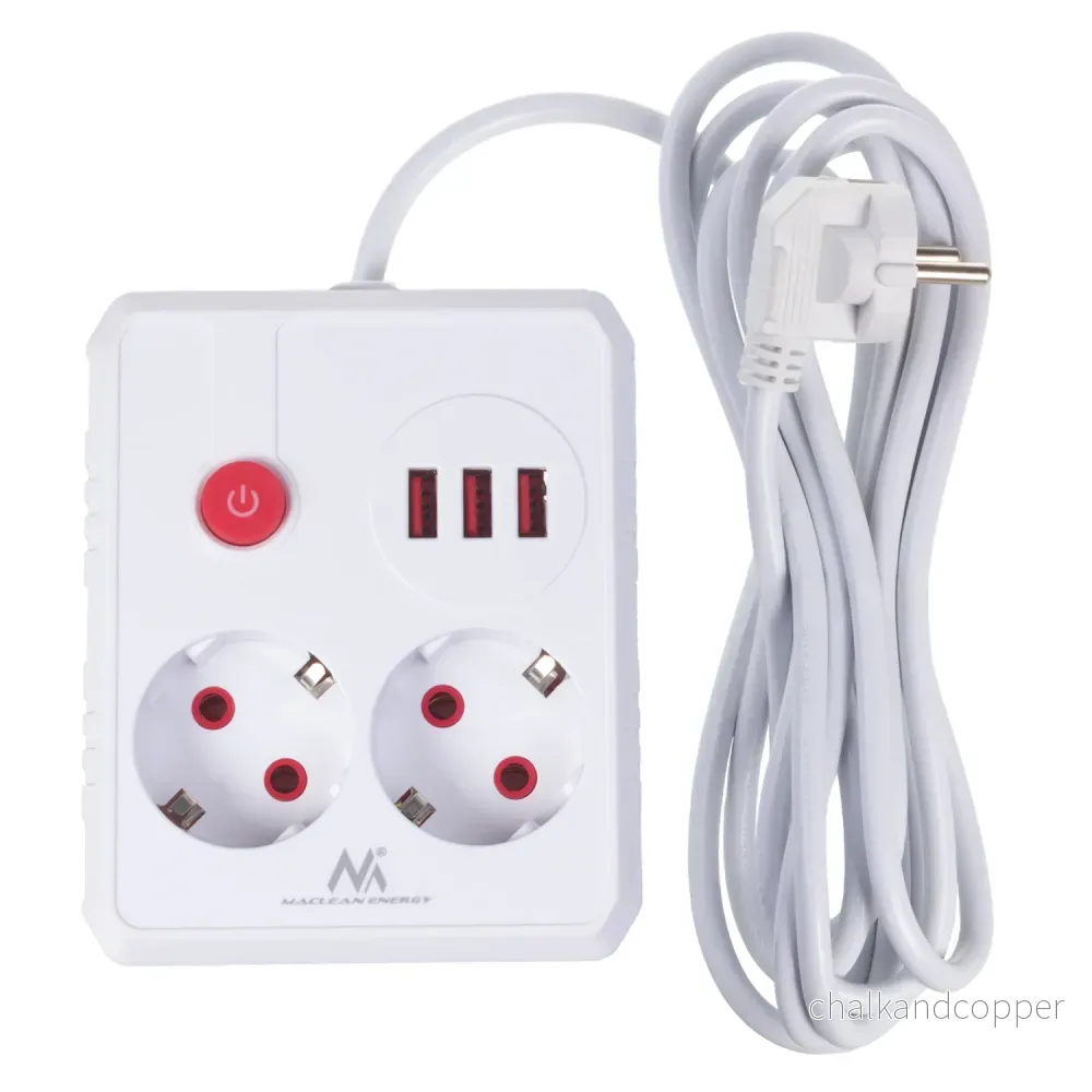 Maclean grenuttag, förlängningskabel 2 uttag + 3xUSB, 110-240V AC 50/60Hz, 2,1A max 2500W, 3 m, vit, MCE388 W - Bild 2
