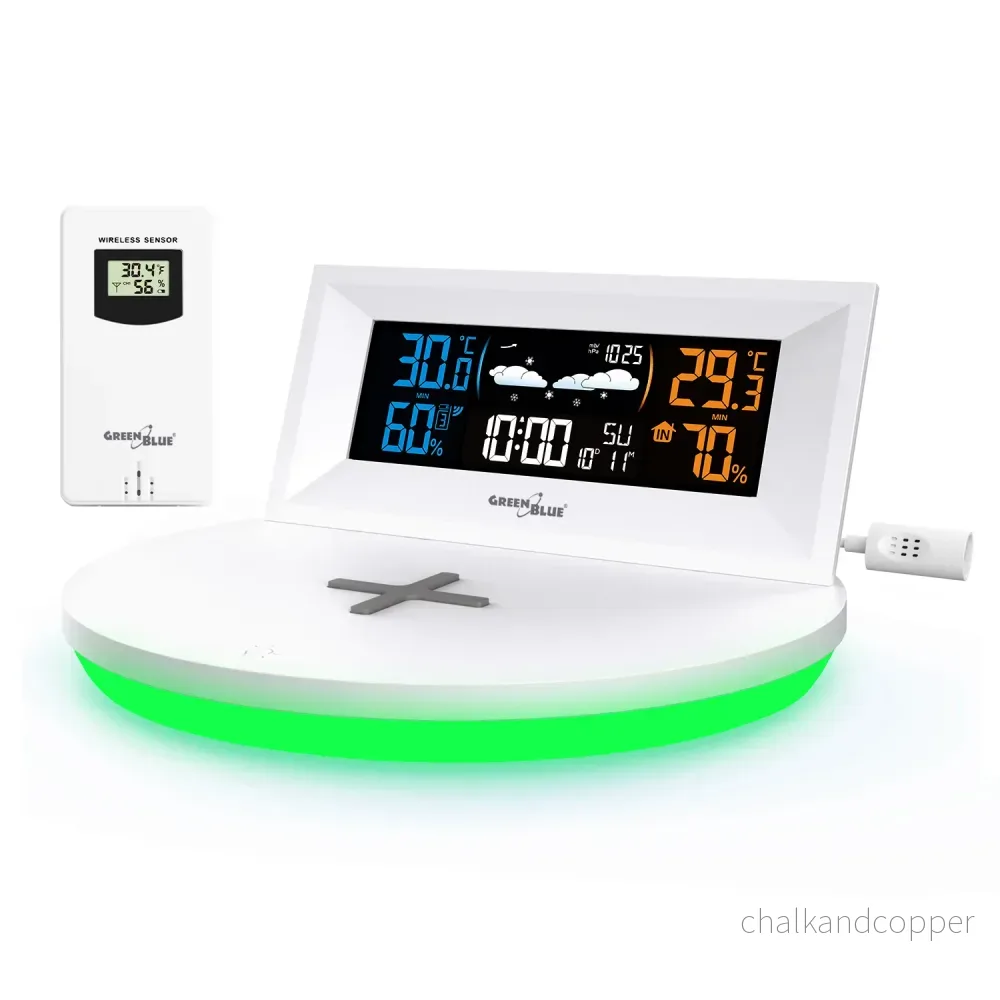 GreenBlue GB213 Trådlös Väderstation Med Trådlös Qi-Laddare Stämningsljus Väderprognos Kalender Väckarklocka Och Snooze-Funktion Extern Sensor Inomhus- Och Utomhustermometer Färgdisplay - Bild 2