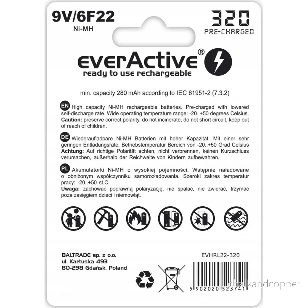 EverActive 6F22 / 9V Ni-MH 320 mAh batteri redo att användas - Bild 2