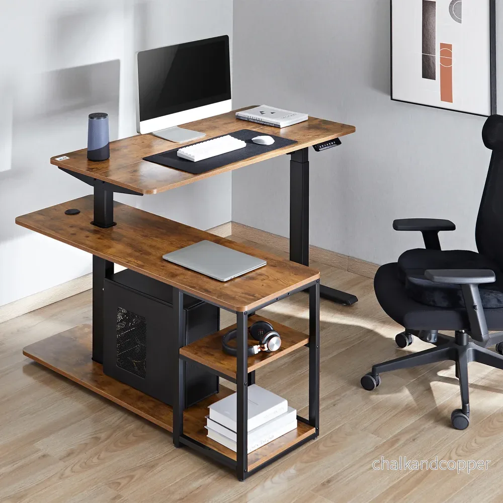 Ergo Office elektriskt lyftbord, max. höjd 121cm, max. 70 kg, med bordsskiva och hyllor, för stående och sittande, rustikbrun, ER-450, 2 delar - Bild 2