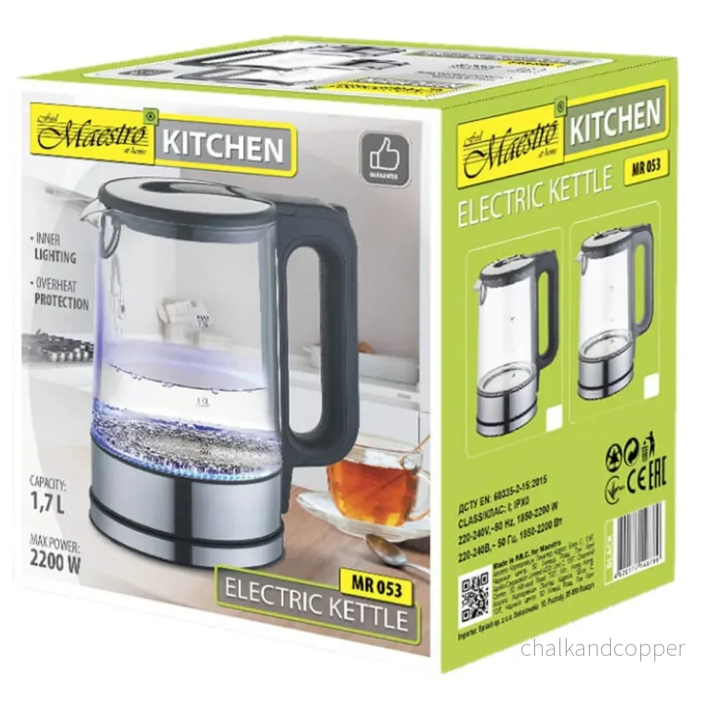 Maestro MR-053 Elektrisk Vattenkokare I Glas Med Innerljus 1,7L 360 Graders Bas Autoavstängning Antikalkfilter Vattennivåindikator 220-240V, ~50Hz, 2200W - Bild 3