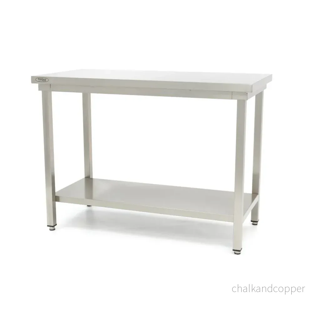 Bord i rostfritt stål - 120 x 60 cm - Justerbar höjd - med förvaringshylla