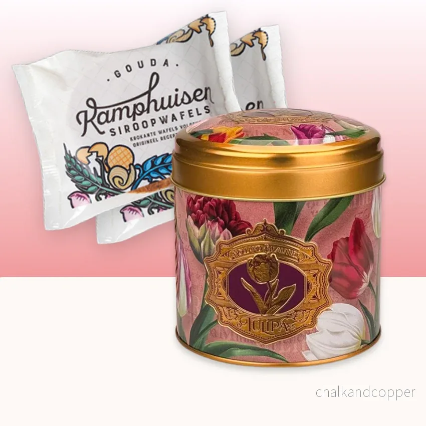 Pretty Tulips Presentburk Rosa med Kamphuisen Sirapsvåfflor (10 st, ca 250 g totalt) – Exklusivt Gåvoset