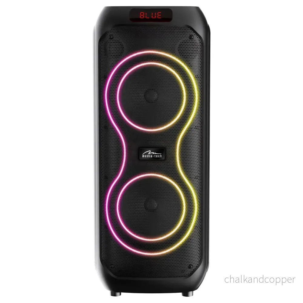 Stor Bluetooth-högtalare, 120 W RMS/1400 W PMPO, två 8-tums högtalare, equalizer, karaokefunktion, MP3/microSD-kort, USB, AUX, BT 5.3+EDR, display, LED, inbyggt batteri, fjärrkontroll, MT3185