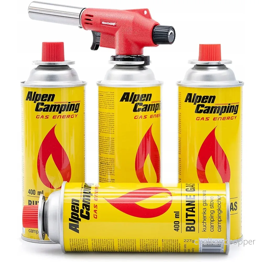 Alpen Camping patronbrännare, flamtemperatur 1350 grader C, piezotändning, flamkontroll, VULCANO + 4 patroner