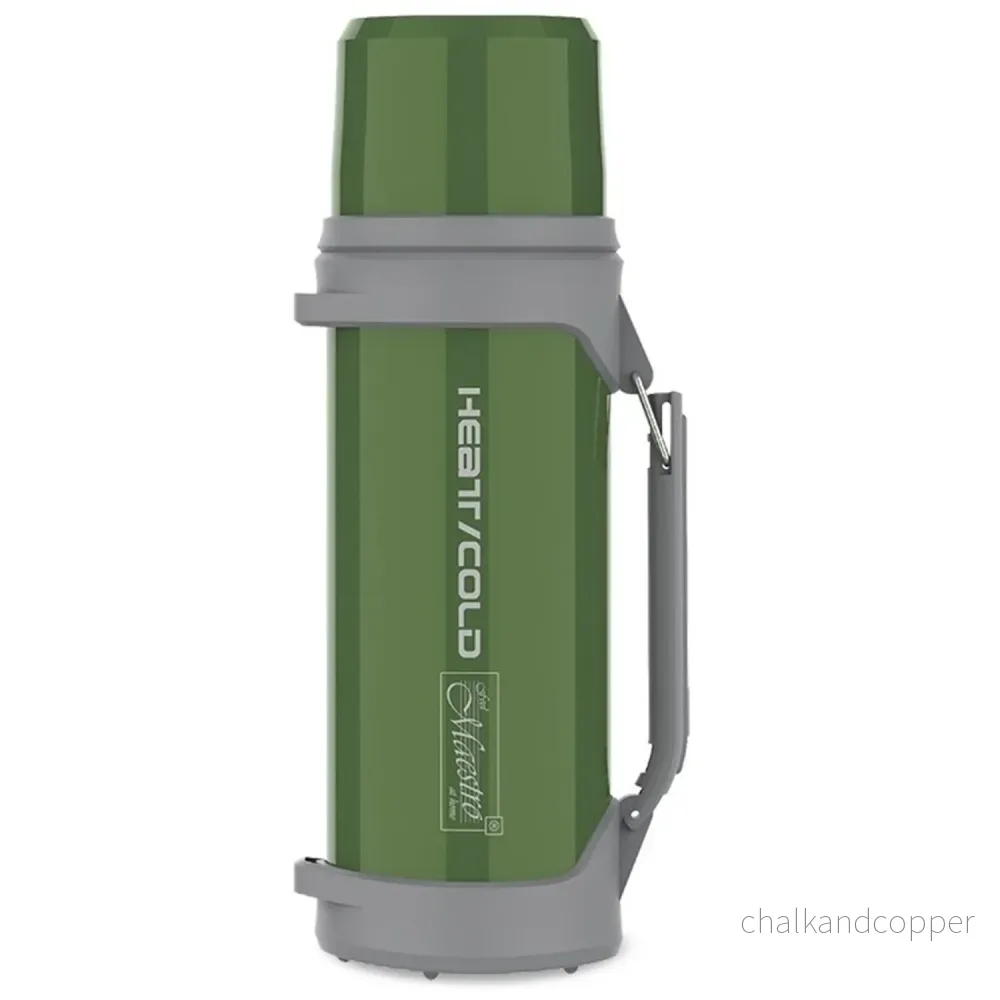 Maestro MR-1631 Termosflaska 1L Vakuumkolv Med Drickskopp 350ml Vakuumisolerad Tryckknapp 110cm Bärrem Vakuumkolv Rostfritt Stål 304 + Plast För Varma Eller Kalla Drycker (Grön)