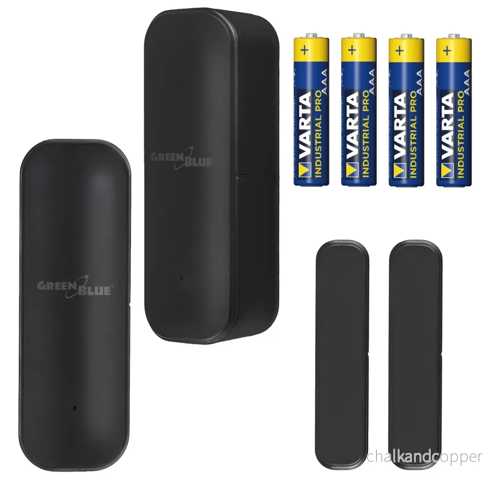 Trådlös kontaktor/öppningssensor med WiFi från GreenBlue, Android/iOS, för dörrar/fönster, 3,0 V DC, LR03x2, GB479 B, 2 st + 4 st AAA-alkaliska batterier från Varta Industrial 4003