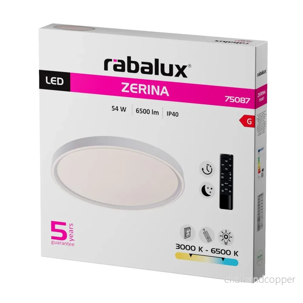 Taklampa Rabalux Zerina, 54 W, IP40, vit, 3000–6500 K, minnesfunktion, med fjärrkontroll, timerfunktion, nattlampeffekt, 75087 - Bild 3