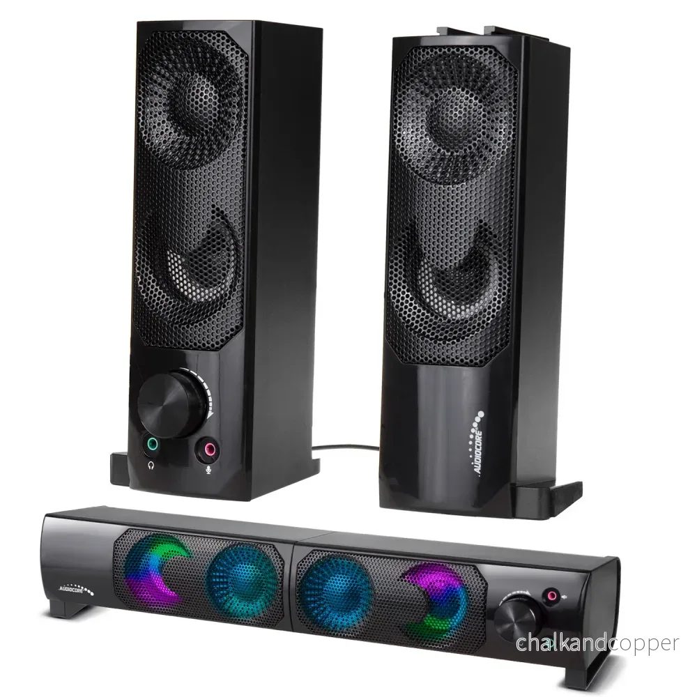Audiocore AC955 2 i 1 2.0 PC-Högtalare Med Soundbar-Funktion RGB-Bakgrundsbelysning Stereohögtalare 2x3W RMS AUX 3,5 mm USB-Driven