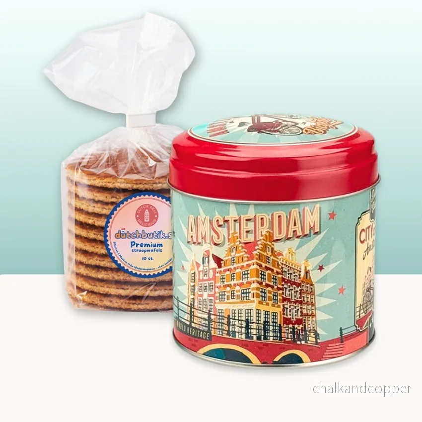 Amsterdam Röd/Turkos Burk med premium Stroopwafels (10 st, ca 350 g totalt) – Exklusivt Gåvoset