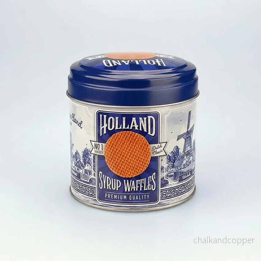 Hollandsk burk som passar för sirapsvåfflor i ”Delft blå” (Delfts Blauw)