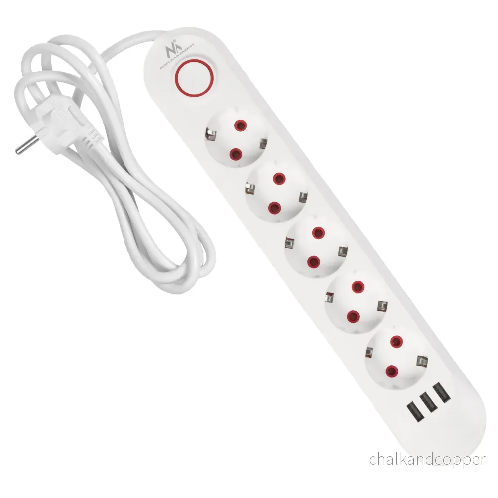 Maclean grenuttag, förlängningskabel 5 uttag + 3xUSB, 110-240V AC 50/60Hz, 2,1A max 2500W, 1,5m, vit, MCE395 W - Bild 2