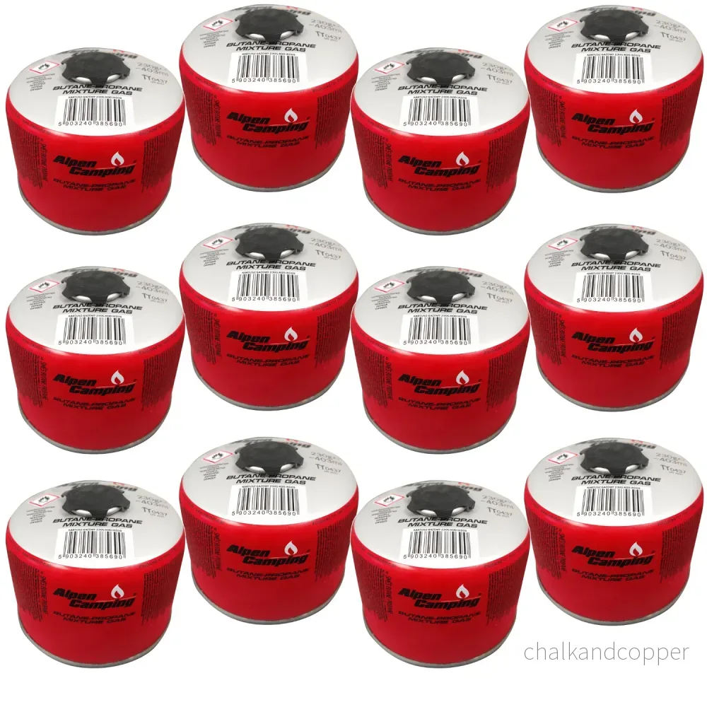 Gaspatron 230g Alpen Camping. Certifikat: Pi 0656, överensstämmer med EN417, propan-butan, intervall -10°c till + 40°c, 7/16" gängad ventil IK009, 12 stycken