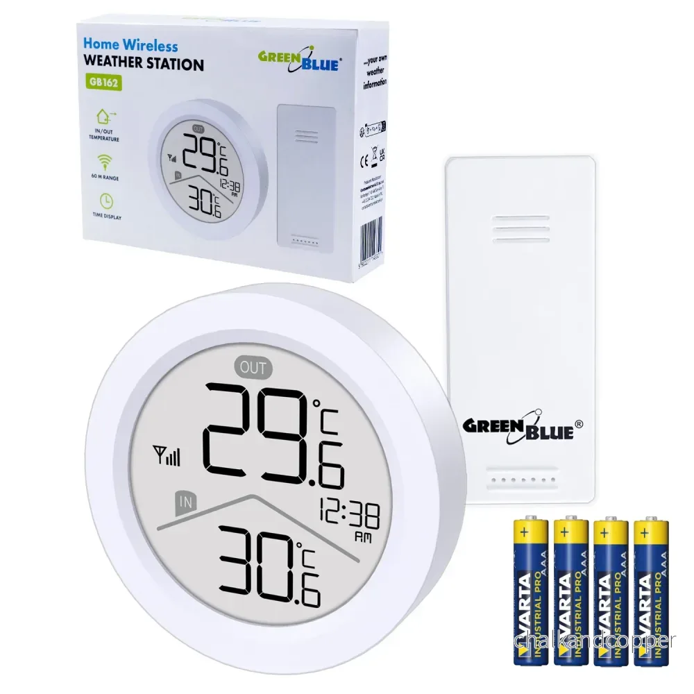 Trådlös väderstation GreenBlue, temperatur IN/OUT, klocka, val mellan °C / °F, räckvidd upp till 60 m, GB162, 4x AAA-batteri