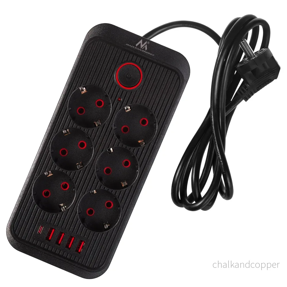 Maclean grenuttag, förlängningskabel 6 uttag + 4xUSB, 110-240V AC 50/60Hz, 2,1A max 2500W, 1,5 m, svart, MCE389 B - Bild 2