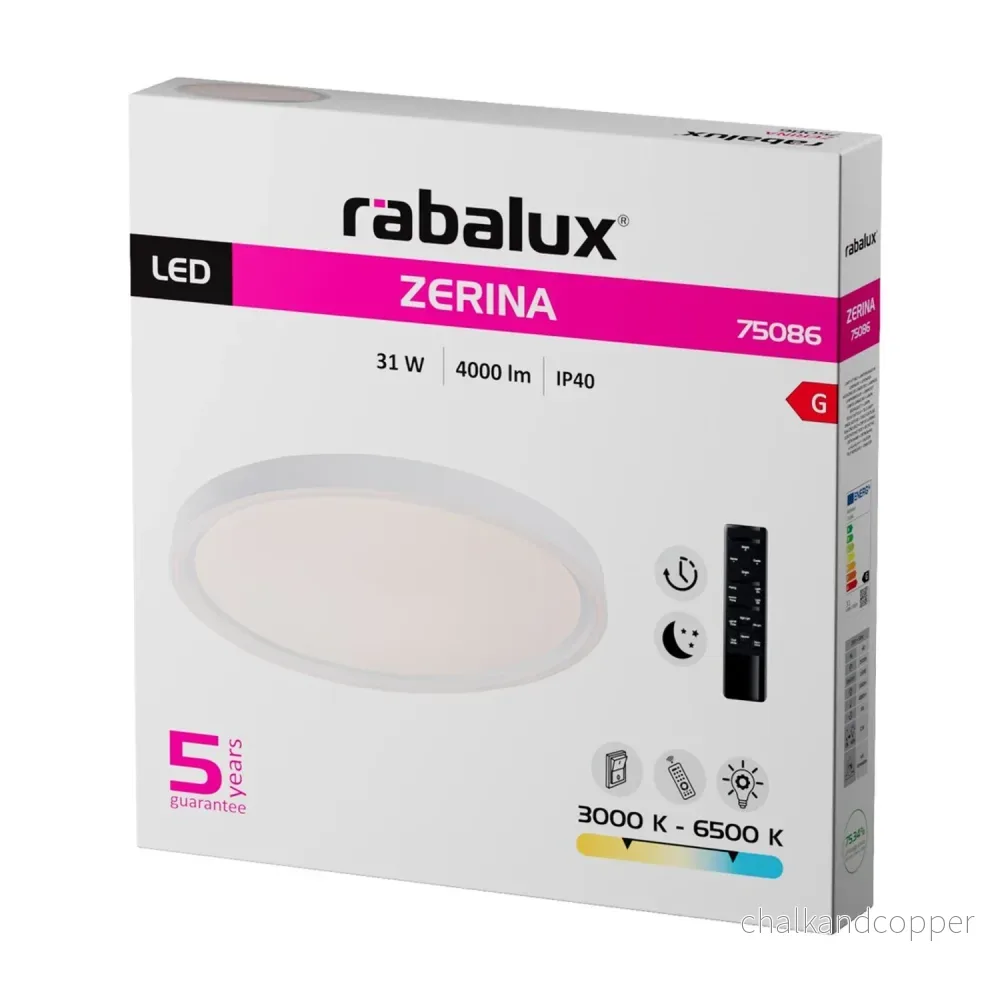 Taklampa Rabalux Zerina, 31 W, IP40, vit, 3000–6500 K, minnesfunktion, med fjärrkontroll, timerfunktion, nattlampeffekt, 75086 - Bild 3