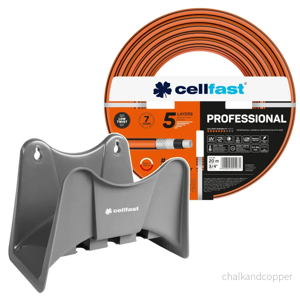 Cellfast trädgårdsslang, PROFESSIONAL 3/4" 20 m + Cellfast slanghållare, grå