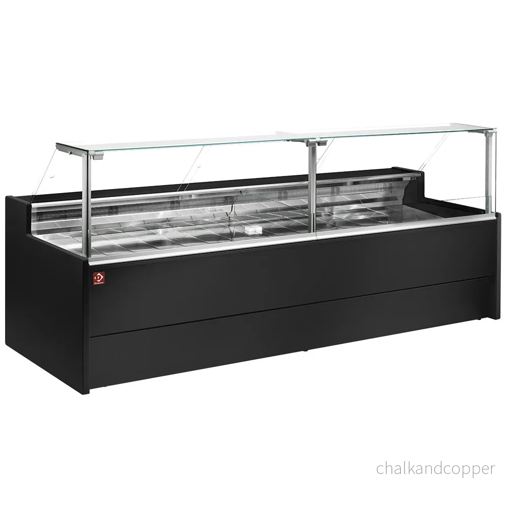 Ventilerad kylbänksdisplay med rak glaspanel 90° med förråd – SVART Ventilerad kylbänksdisplay med rak glaspanel 90° med förråd – SVART
