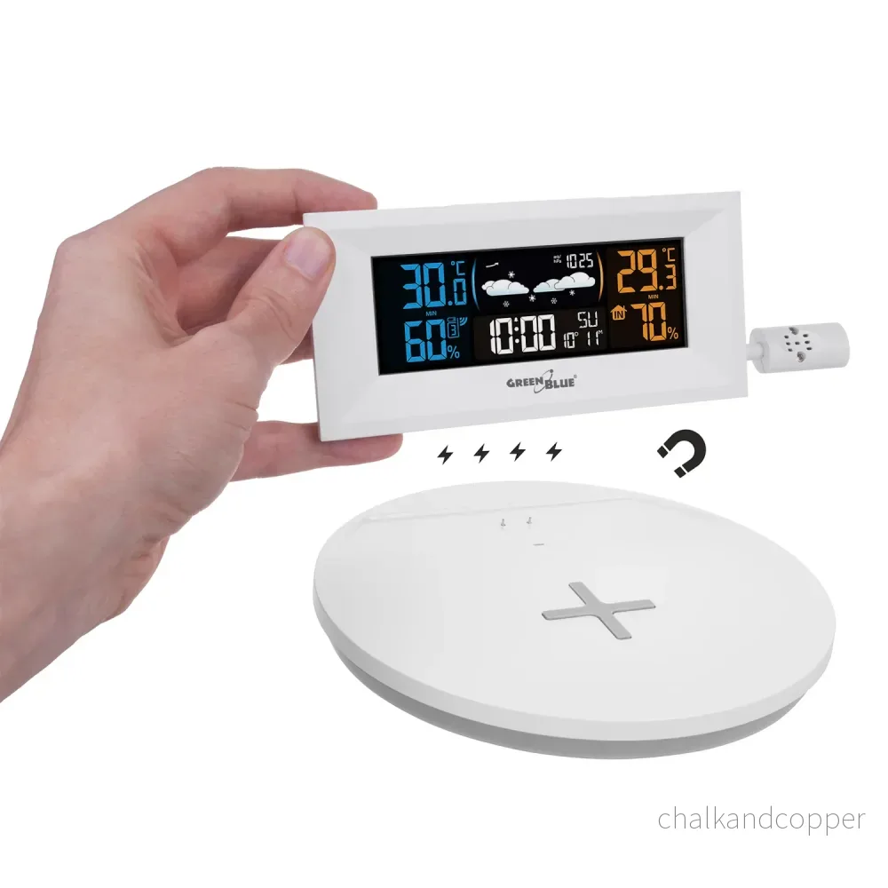 GreenBlue GB213 Trådlös Väderstation Med Trådlös Qi-Laddare Stämningsljus Väderprognos Kalender Väckarklocka Och Snooze-Funktion Extern Sensor Inomhus- Och Utomhustermometer Färgdisplay - Bild 3