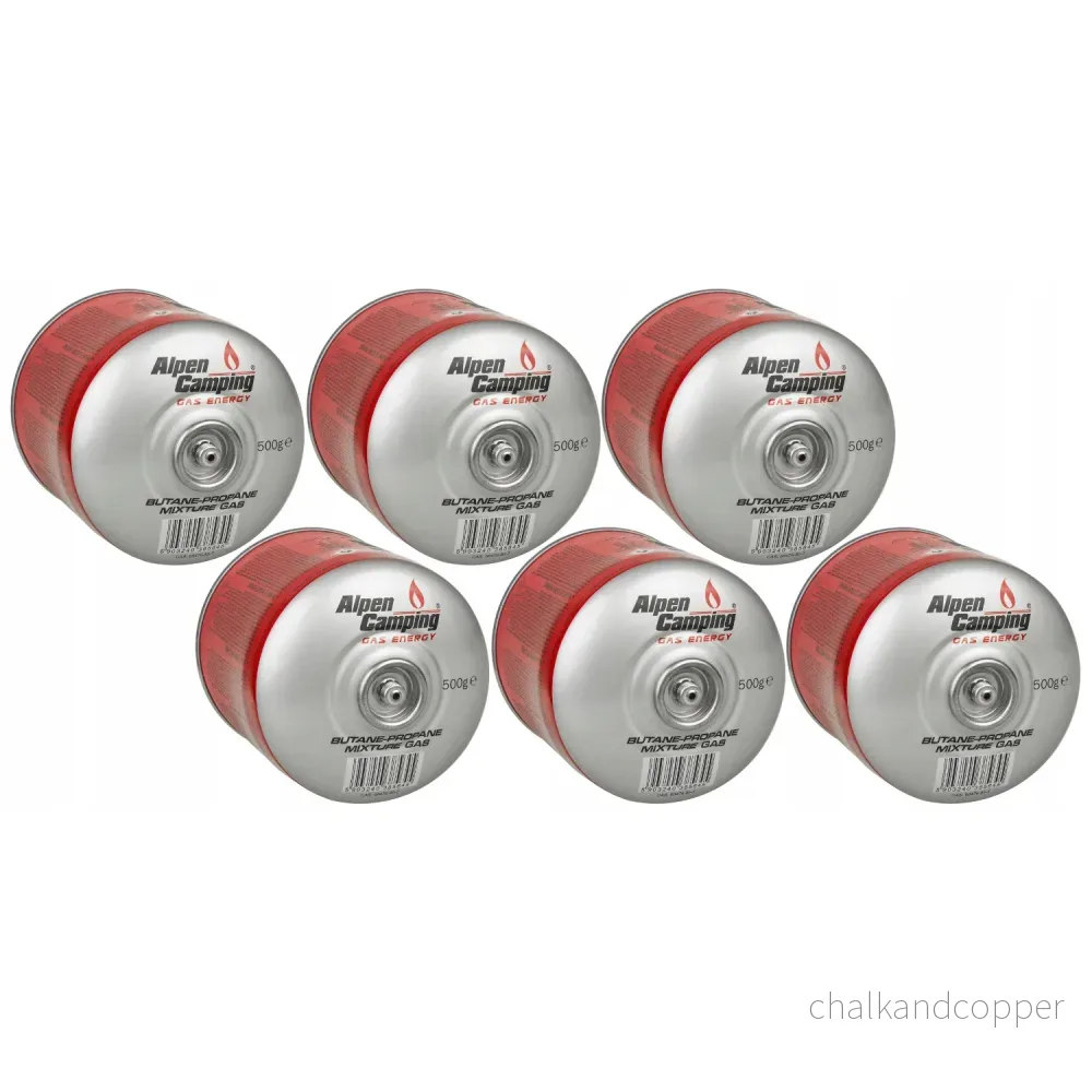 6x Alpen Camping 500g gaspatron. certifikat: Pi 0437, enligt EN417, propan-butan, intervall -10°c till + 40°c, 7/16" ventil IK008