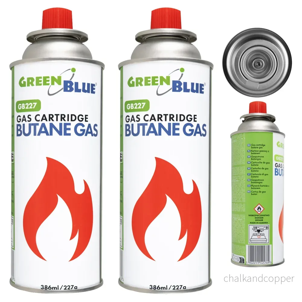 2 gaspatroner à 227 g GreenBlue. Certifikat: Pi 0875, uppfyller standarden EN417, butan, användningstemperatur -10 °C till +40 °C, GB227