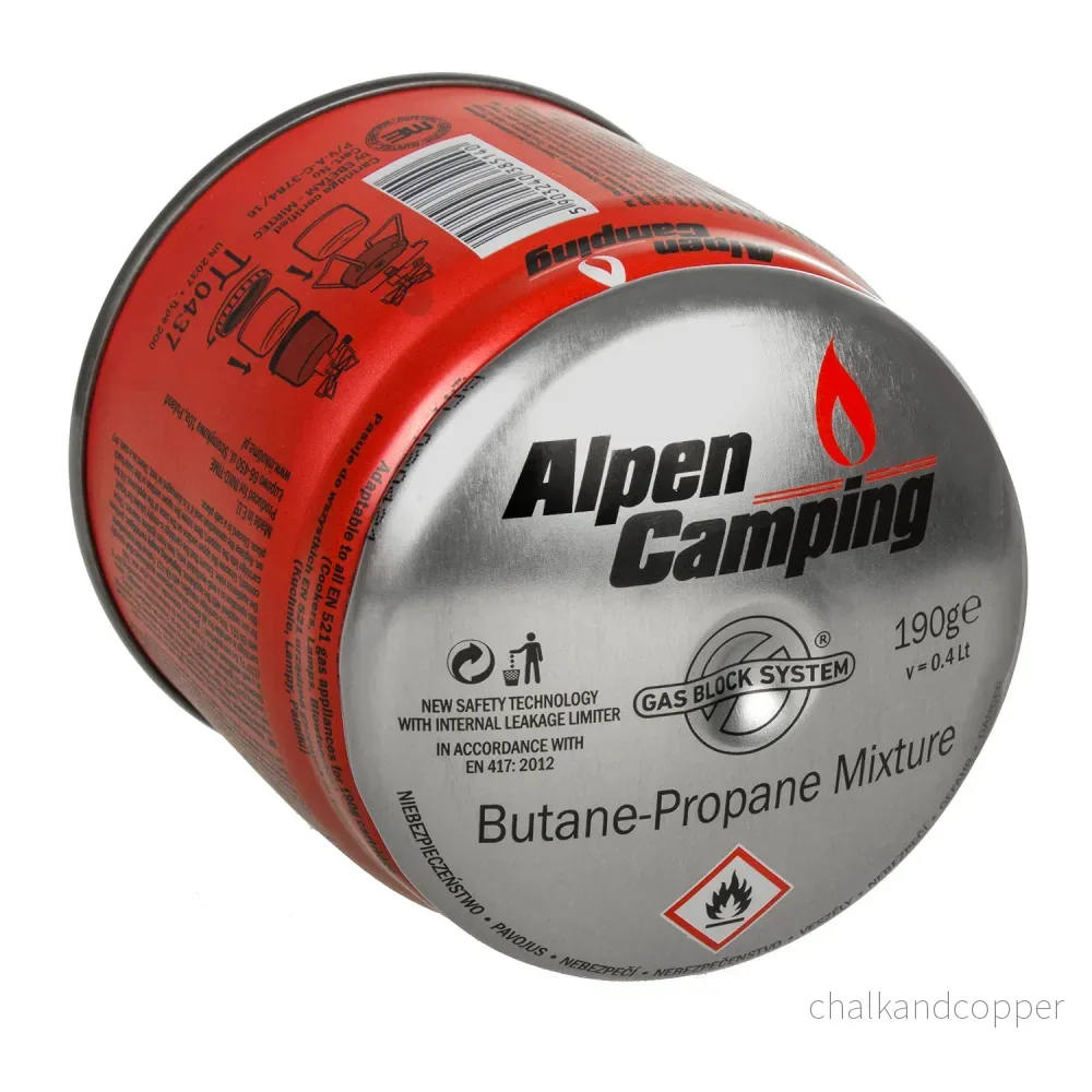 12x Alpen Camping 400 ml gaspatron, certifikat: Pi 0437, överensstämmer med EN417, propan-butan, område -10°c till + 40°c, GAS STOP-system IK006 - Bild 2
