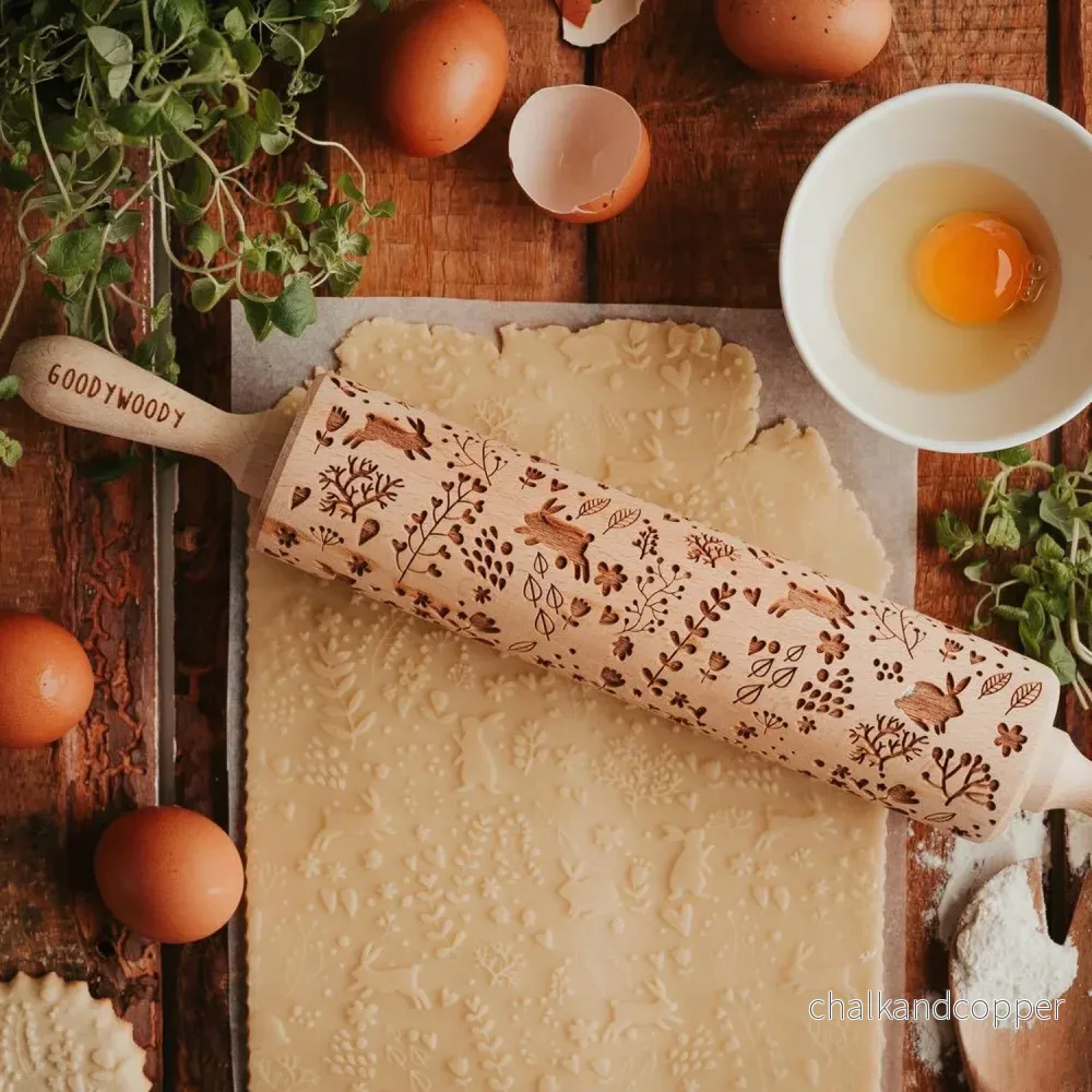 Goody Woody graverad tårtroller, 46 cm, bokträ, kanindesign - Bild 3