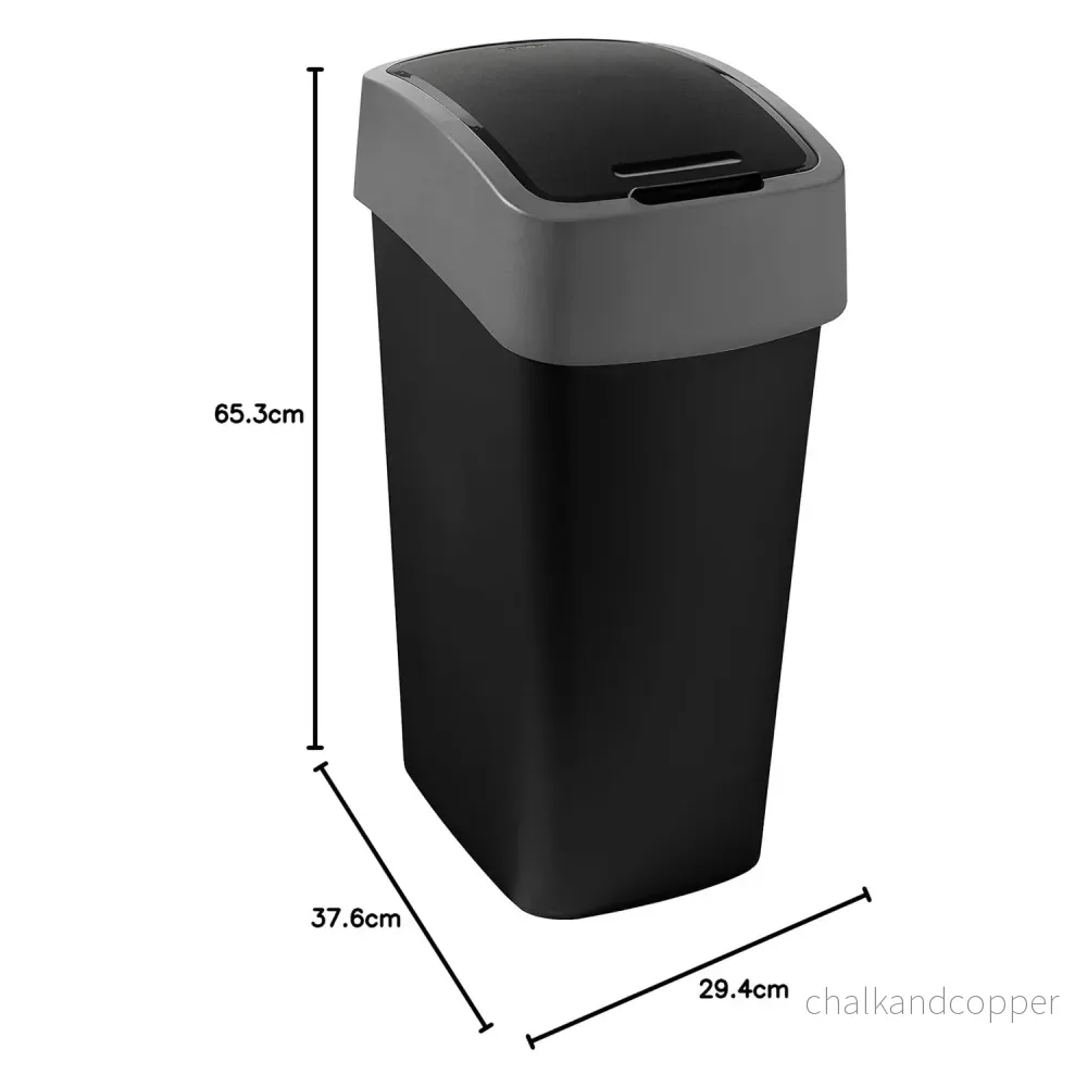 Cuver avfallskärl för källsortering, med lock, 50 liter, svart, silverram, från Flip Bin-serien. Det manuellt öppningsbara locket håller innehållet osynligt och förhindrar dålig lukt. - Bild 2