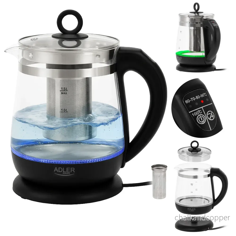 Glasvattenkokare 1,5 l med tefilter och temperaturreglering, 2200 W, LED, 60–100 °C, Adler AD 1299, svart - Bild 3