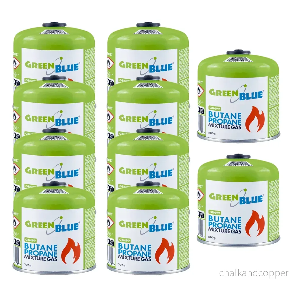 10 st. GreenBlue-gaspatroner à 500 g. Certifikat: Pi 0437, uppfyller EN417, butan-propan, användningstemperatur -10 °C till +40 °C, gängad ventil 7/16'' GB499