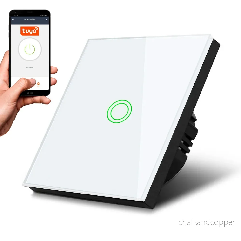 Maclean MCE715W Smart WiFi Touch strömbrytare kompatibel med Tuya APP väggströmbrytare glasbrytare med färgförändring, LED-bakgrundsbelysning, inbyggd strömbrytare 85 x 85 mm (1 fack rund, vit)