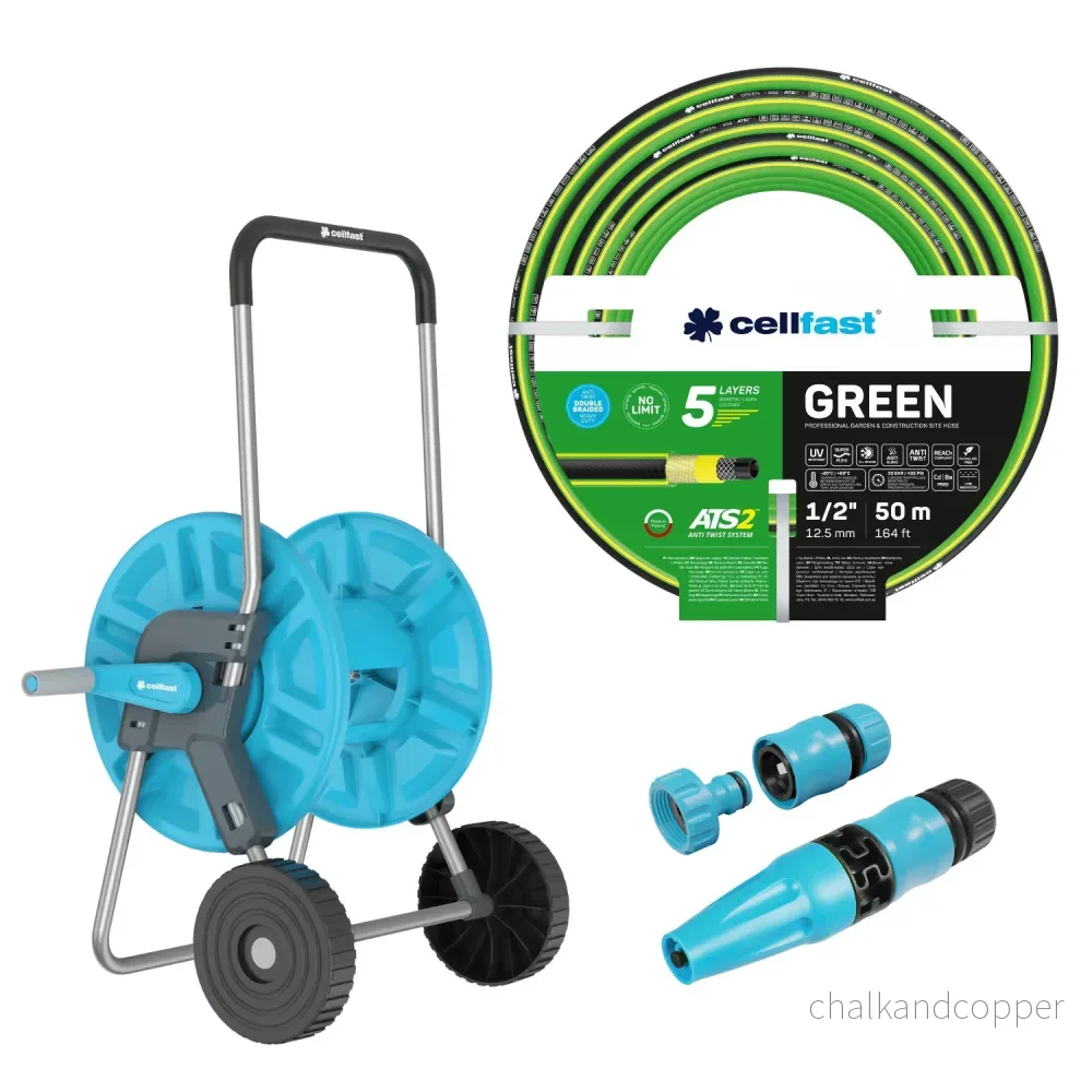 Slangvagn Cellfast Aluplus 1/2" 60 m + trädgårdsslang Cellfast Green ATS2 1/2" 50 m + set med rak sprinkler Cellfast Basic 1/2"